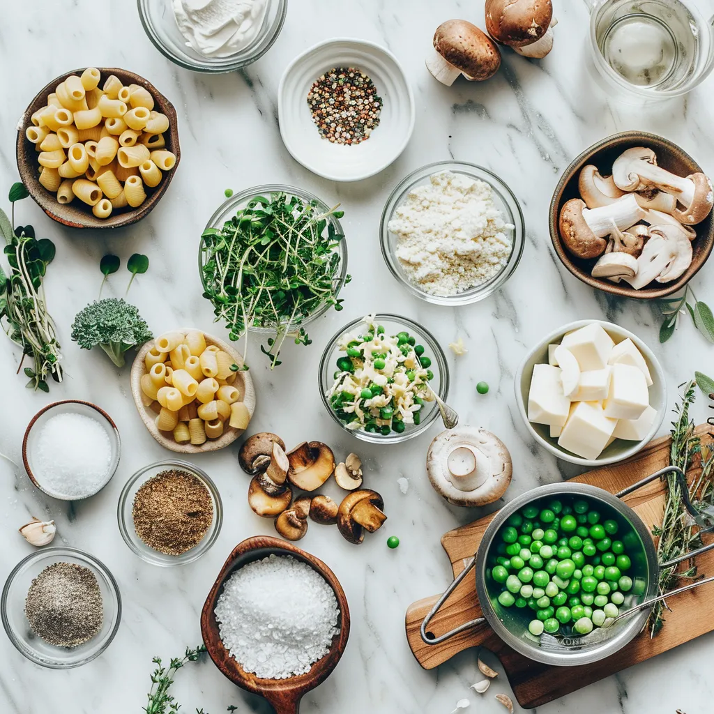 Creamy Instant Pot Mushroom and Pea Pasta Recipe ingredients