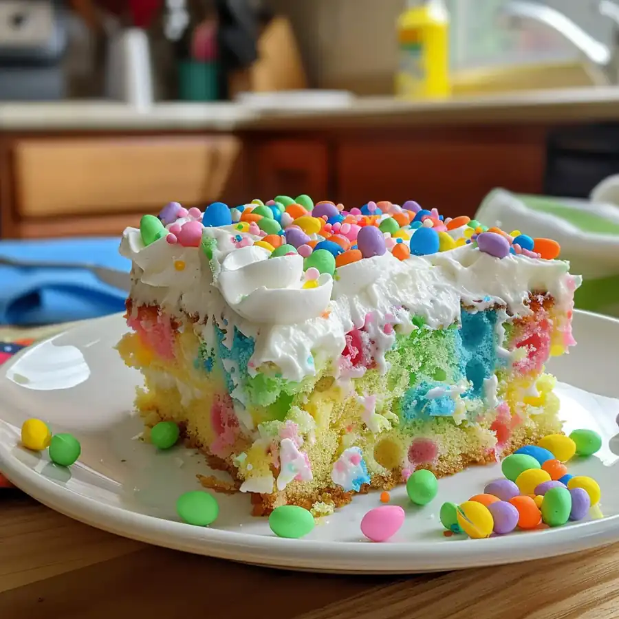 Easy Delightful Easter Poke Cake – Sweet, Fluffy, and Egg‑filled —