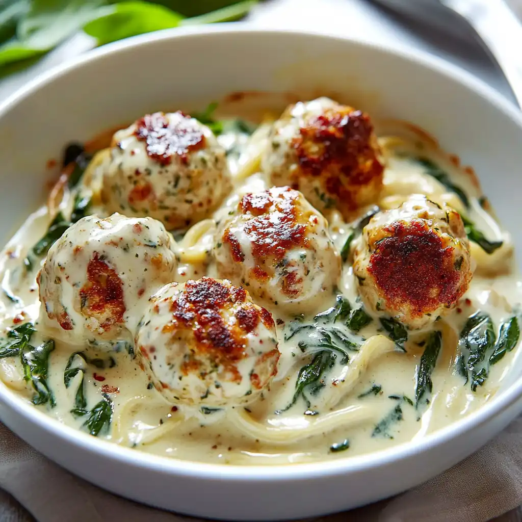 Baked Chicken Ricotta Meatballs with Creamy Spinach Sauce