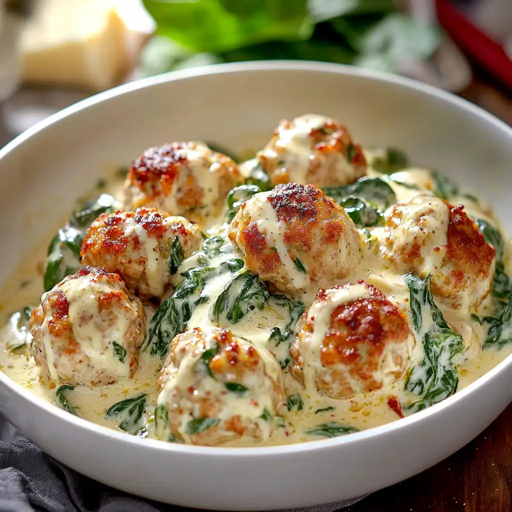 Baked Chicken Ricotta Meatballs with Creamy Spinach Sauce