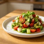 Tomato Cucumber Avocado Salad With Mozzarella, Basil Pesto, And Smoky Chipotle Lime Vinaigrette | Healthy Summer Salad