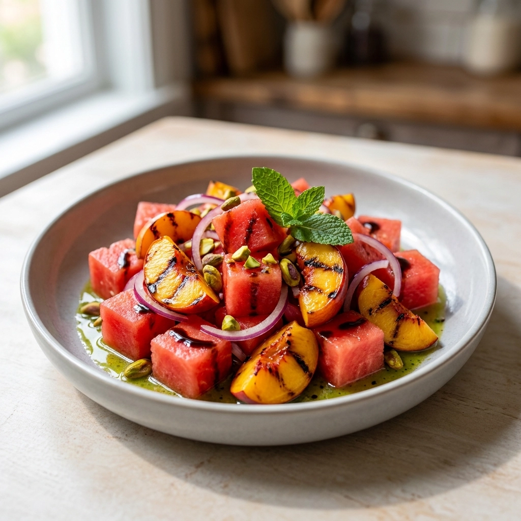 Charred Peach & Watermelon Salad With Lime Honey Dressing | Summer Fruit Salad