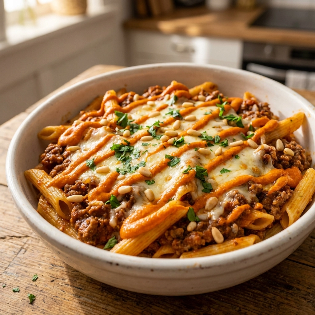 Crockpot Ground Beef Pasta With Roasted Red Pepper Cashew Cream Swirl | Easy Slow Cooker Meal