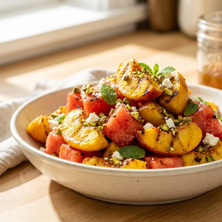 Charred Peach Watermelon Salad With Honey Lime Glaze And Pistachio Crumble | Summer Fruit Salad