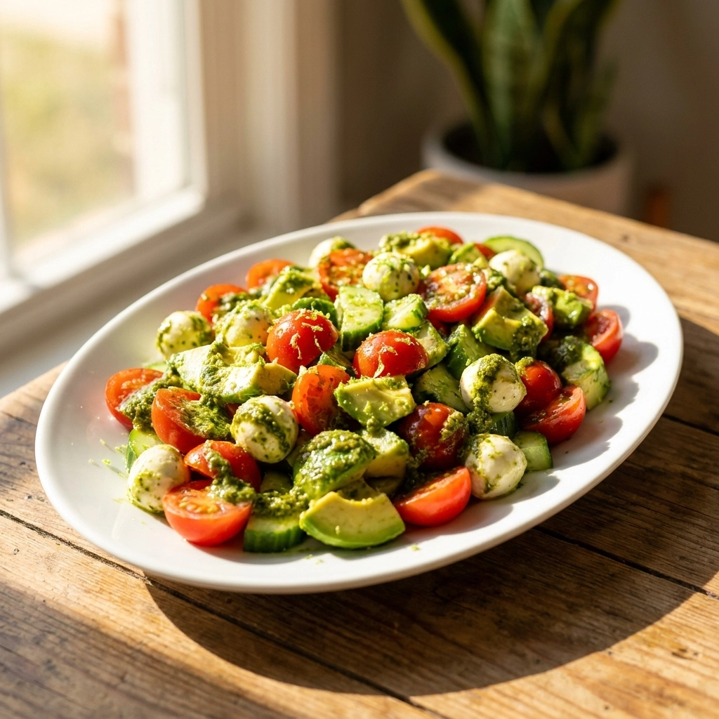 Tomato Cucumber Avocado Salad With Mozzarella, Basil Pesto, And Smoky Chipotle Lime Vinaigrette | Healthy Summer Salad