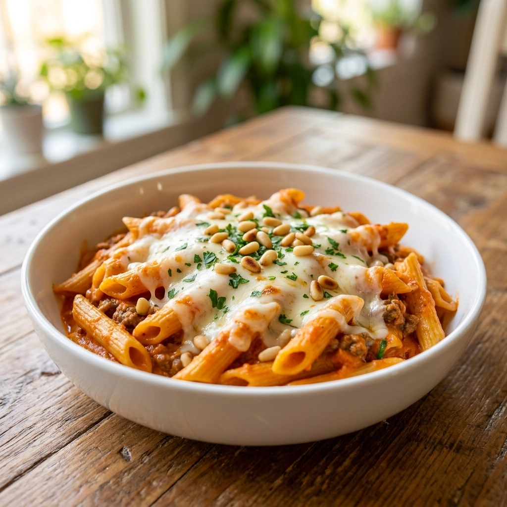 Crockpot Ground Beef Pasta With Roasted Red Pepper Cashew Cream Swirl | Easy Slow Cooker Meal