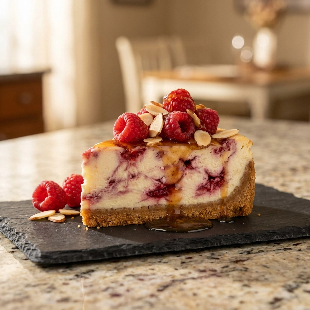 Peach Raspberry Swirled Cheesecake With Caramelized Peach Glaze | Summer Dessert Recipe