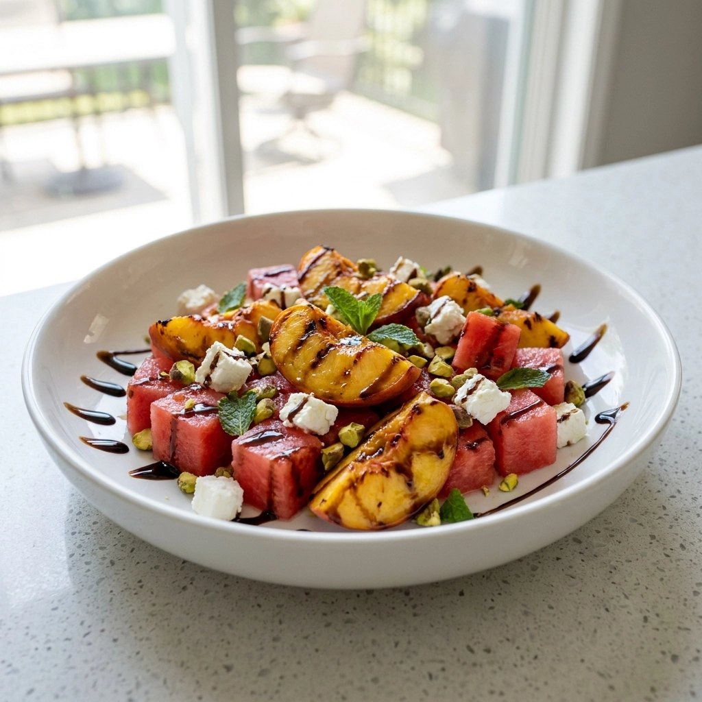 Charred Peach Watermelon Salad With Honey Lime Glaze And Pistachio Crumble | Summer Fruit Salad
