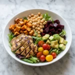 California Cobb Salad with Roasted Sweet Potatoes, Grilled Salmon, and Mustard Herb Vinaigrette Recipe | Healthy Salmon Cobb Salad