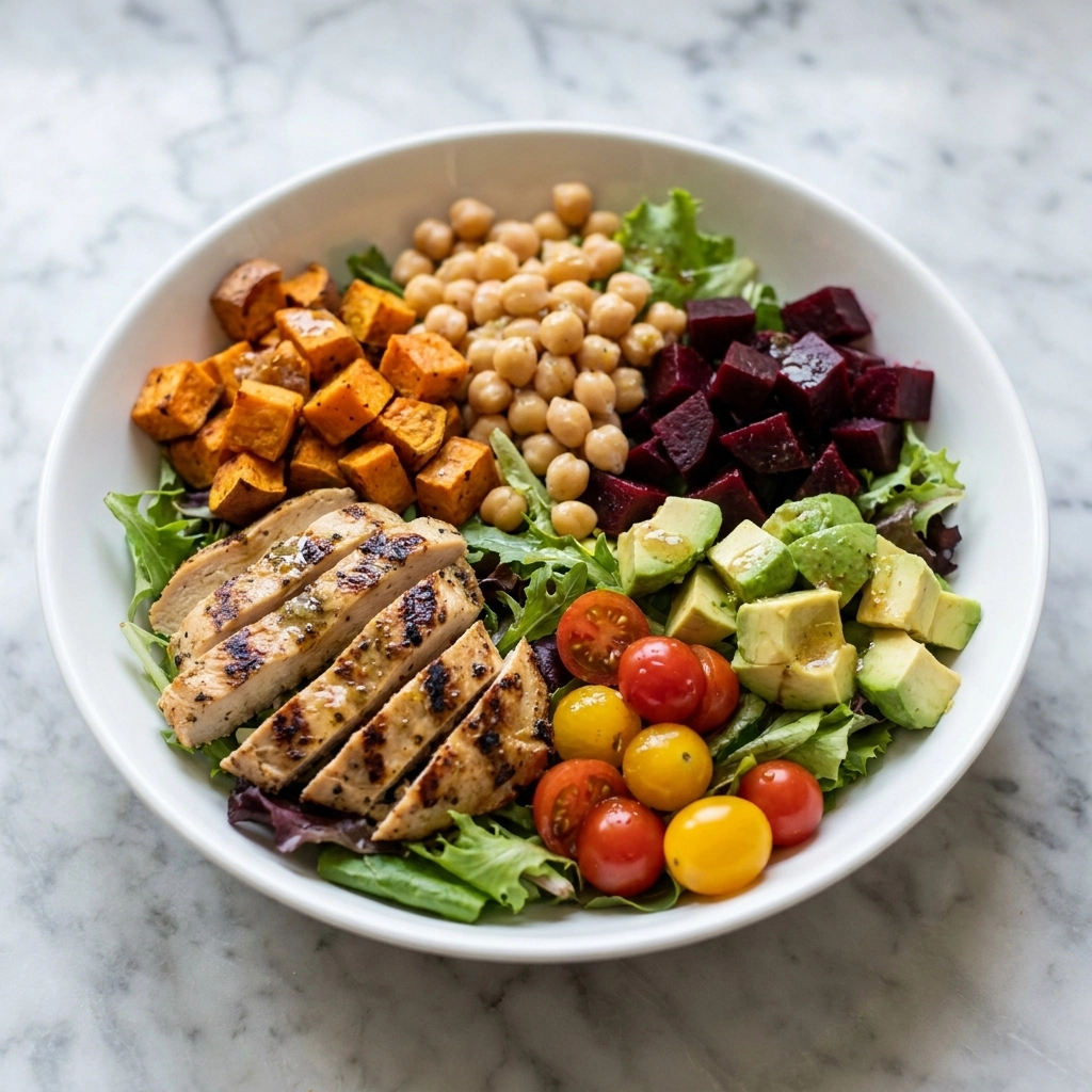 California Cobb Salad with Roasted Sweet Potatoes, Grilled Salmon, and Mustard Herb Vinaigrette Recipe | Healthy Salmon Cobb Salad