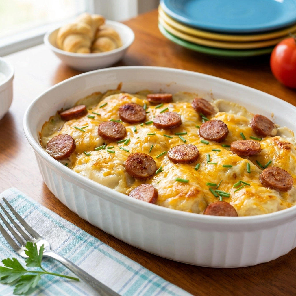 Crockpot Pierogi Casserole with Turkey Kielbasa | Easy Slow Cooker Dinner