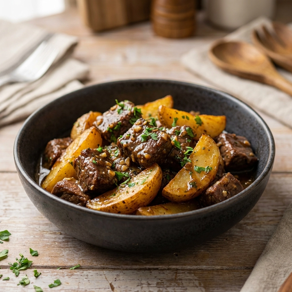 Tender Slow Cooker Garlic Butter Beef Bites and Potatoes | Easy Comfort Food Dinner