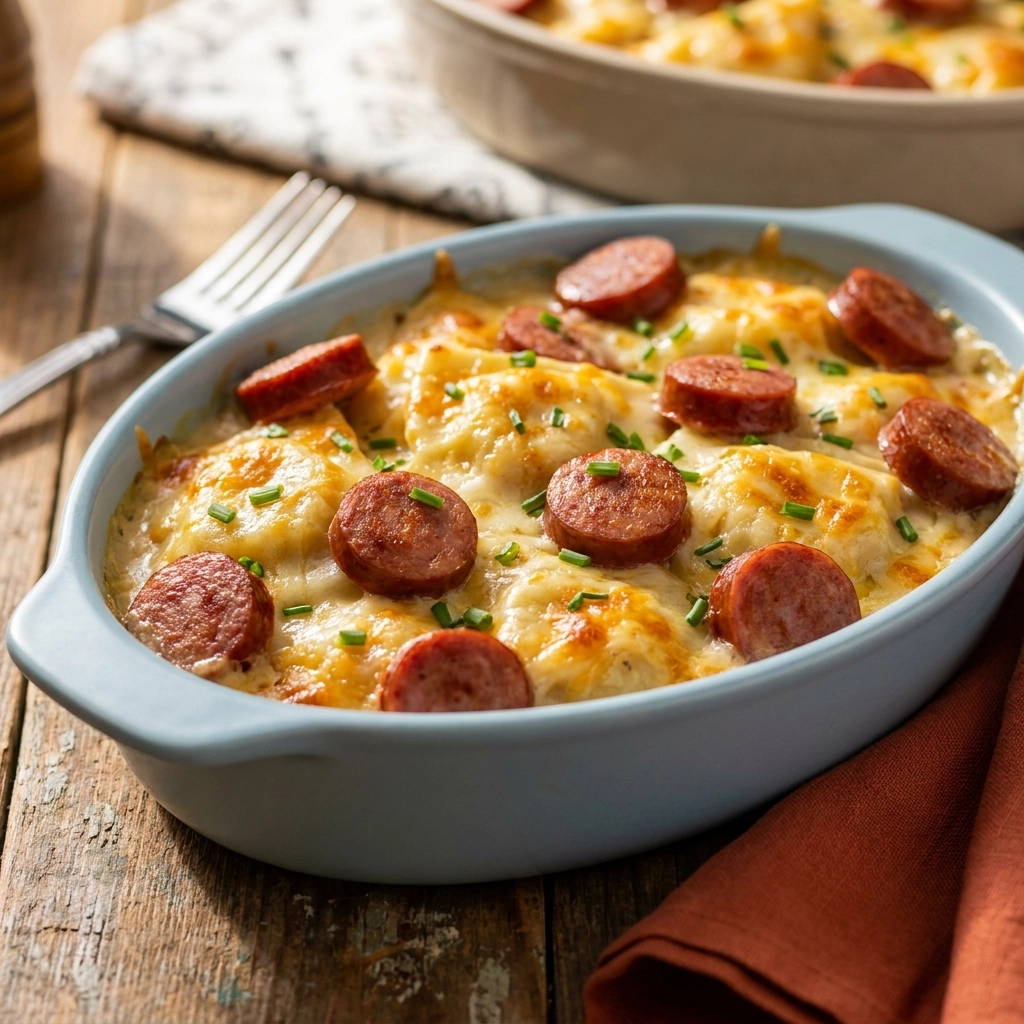 Crockpot Pierogi Casserole with Turkey Kielbasa | Easy Slow Cooker Dinner