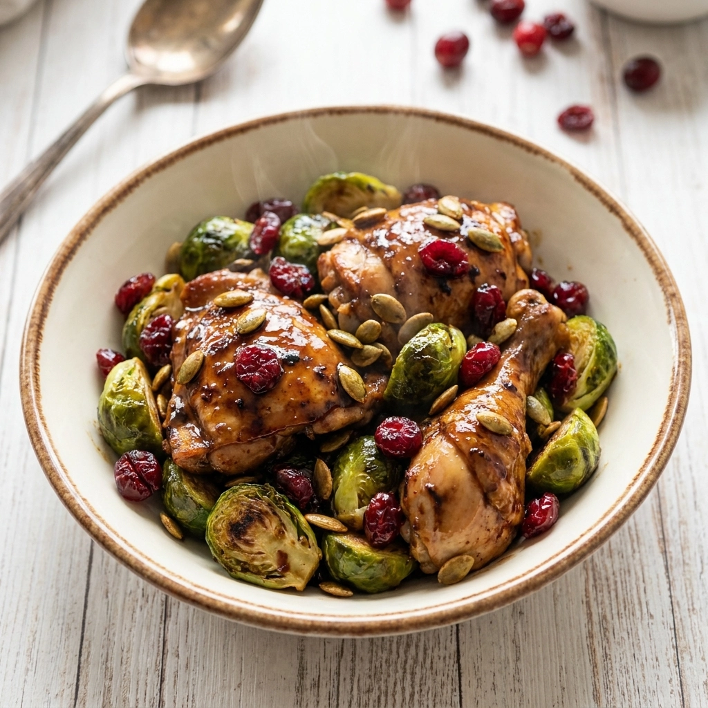 Balsamic Chicken, Brussels Sprouts, Cranberries and Pumpkin Seeds | Healthy Sheet Pan Meal