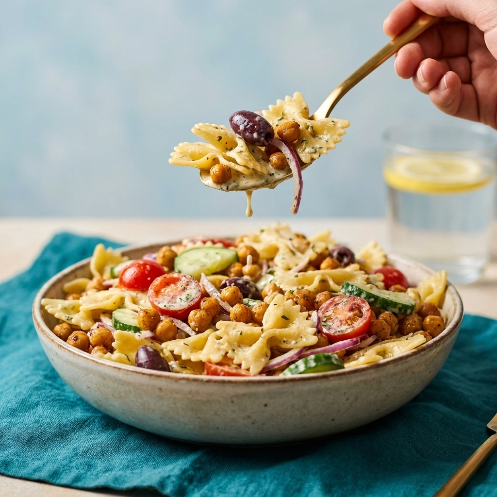Fresh Greek Pasta Salad with Chickpeas | Easy Mediterranean Pasta Salad Recipe