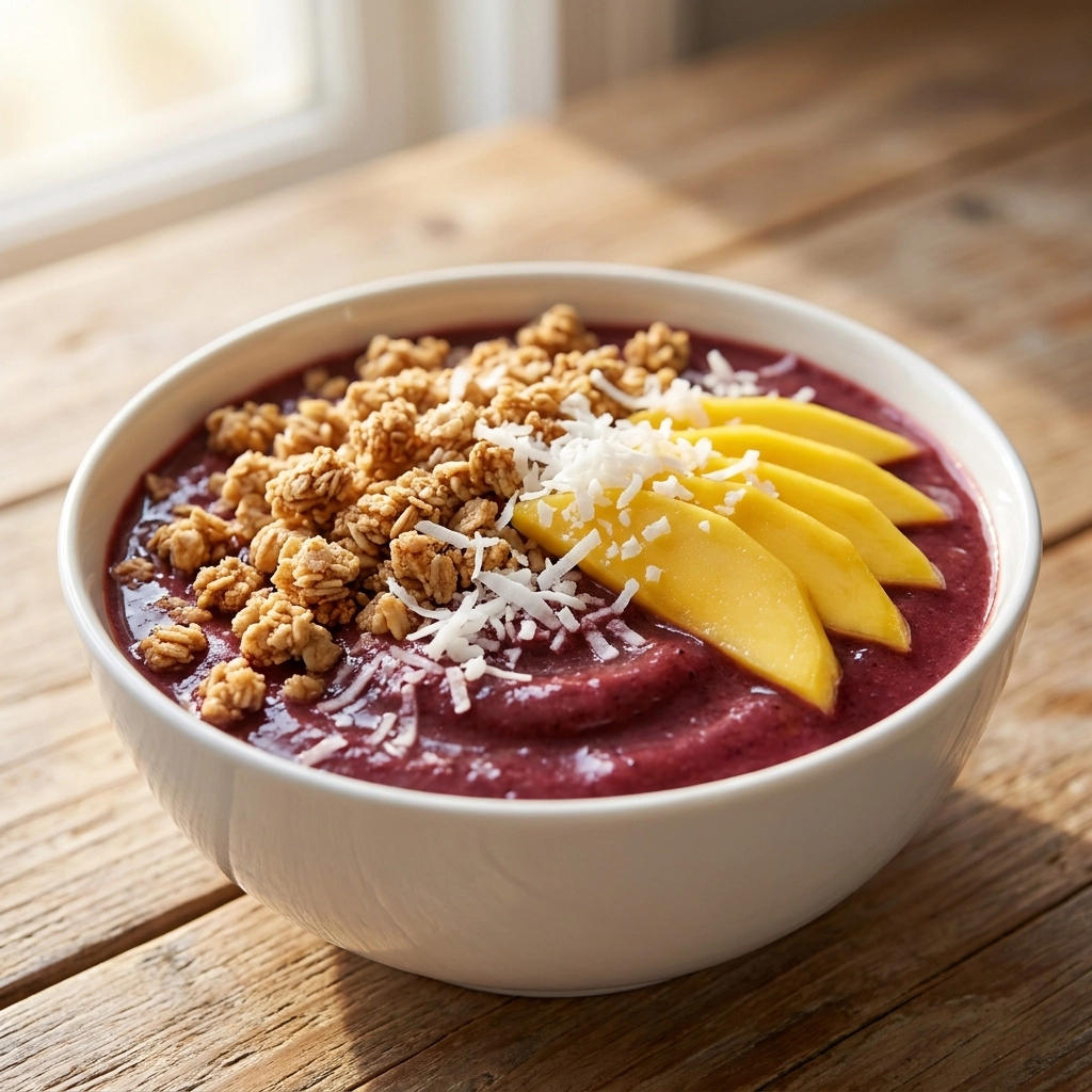 Fresh Smoothie Bowl Recipe with Acai Granola and Mango Slices: An Easy Healthy Breakfast Adventure | Tropical Smoothie Bowl