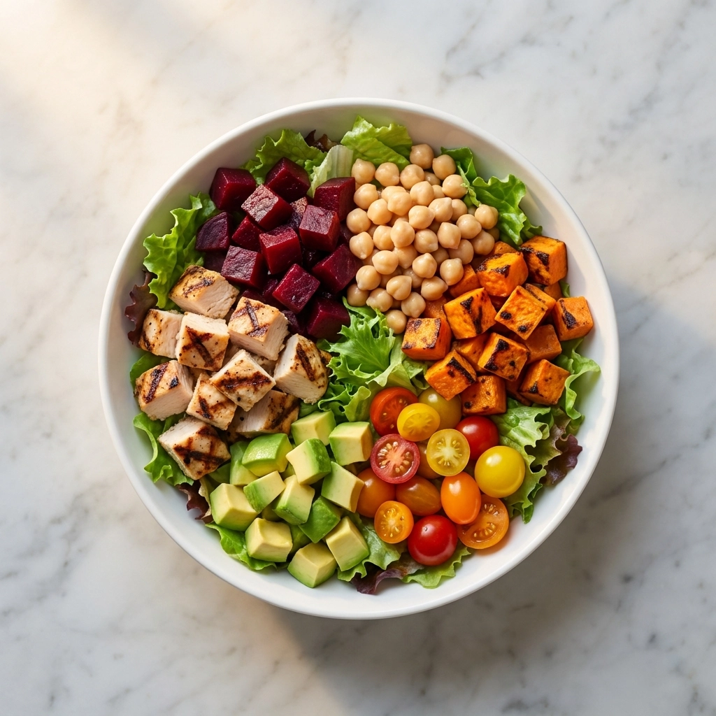 California Cobb Salad with Roasted Sweet Potatoes, Grilled Salmon, and Mustard Herb Vinaigrette Recipe | Healthy Salmon Cobb Salad