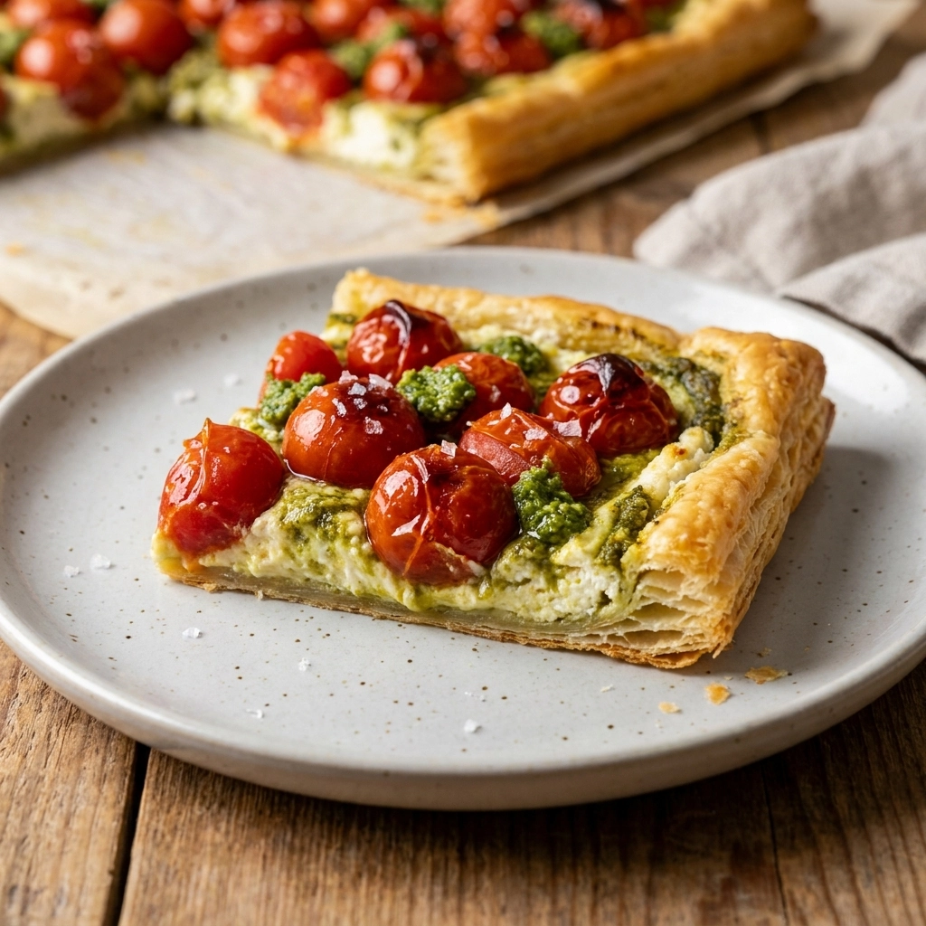 Crispy Burst Cherry Tomato Tart with Ricotta and Pesto | Easy Summer Appetizer