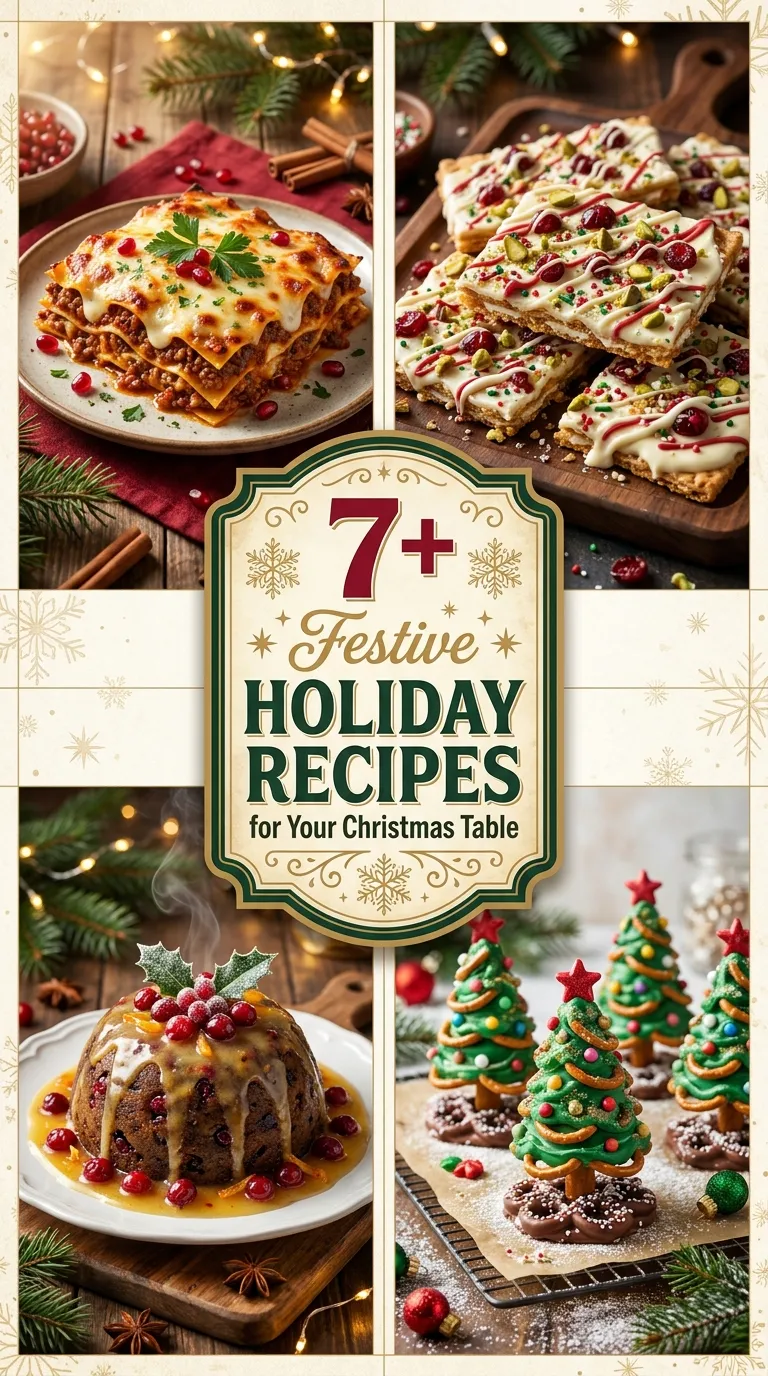 A vertical grid collage of various festive holiday recipes for a Christmas table