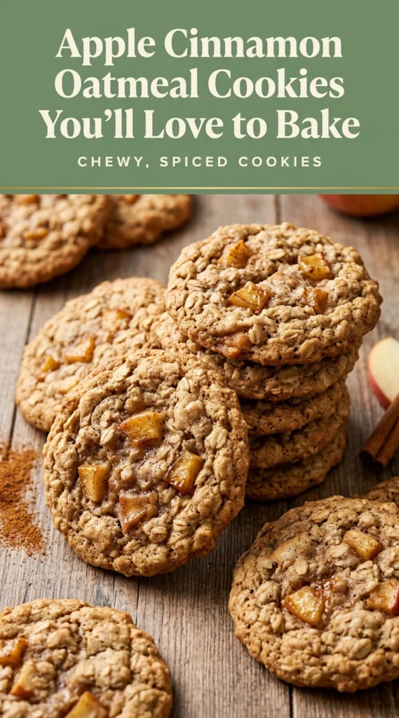 A stack of chewy apple cinnamon oatmeal cookies on a cooling rack, topped with a light dusting of cinnamon.