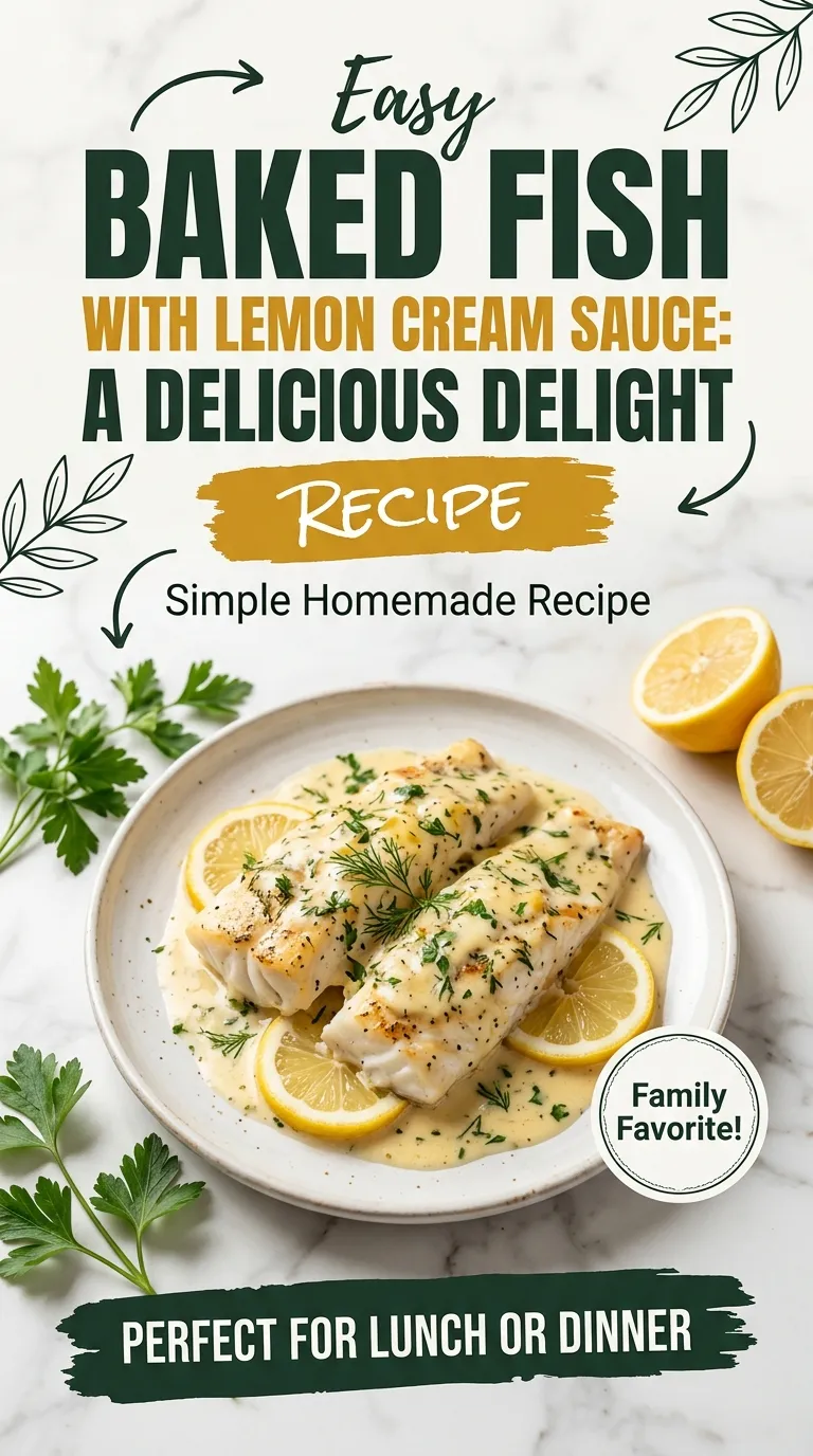 Baked white fish fillets topped with a creamy lemon sauce and fresh parsley, served on a white plate.