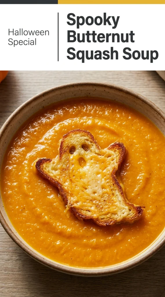 A bowl of orange butternut squash soup topped with a grilled cheese sandwich cut into a ghost shape.