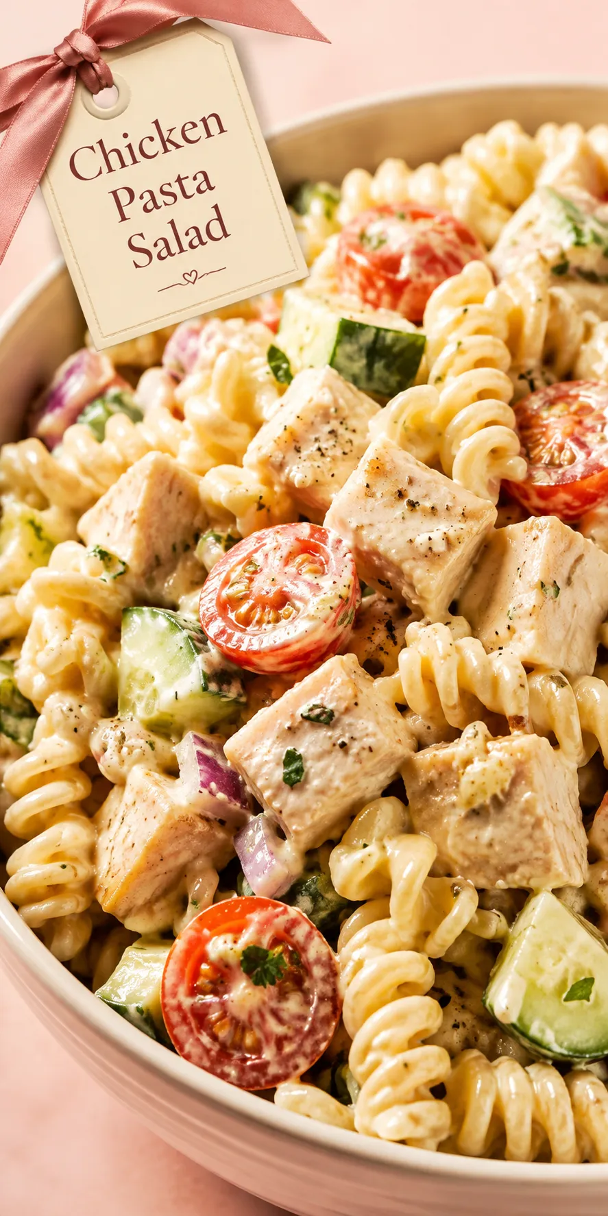 Creamy chicken pasta salad with rotini noodles, diced carrots, celery, and green onions in a white serving bowl.