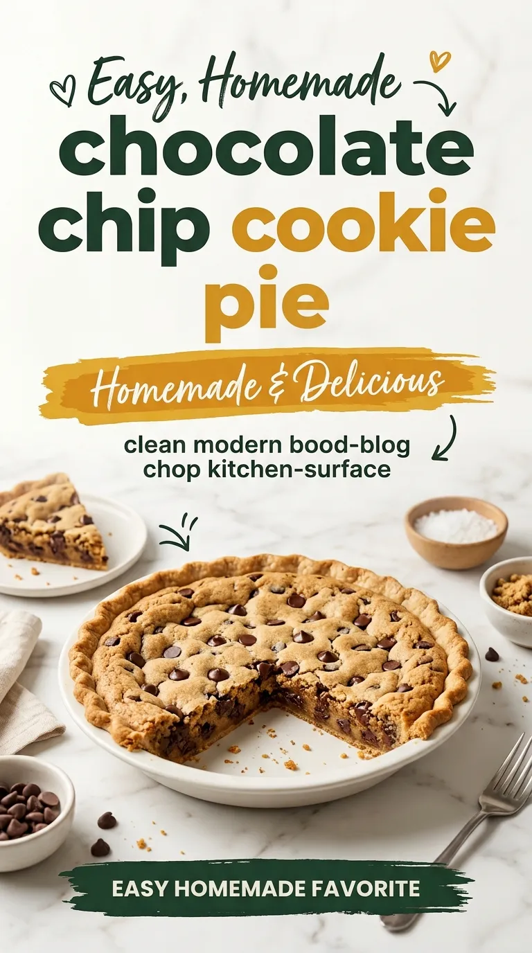 A deep-dish chocolate chip cookie pie with a gooey center and melted chocolate chunks in a cast iron skillet.