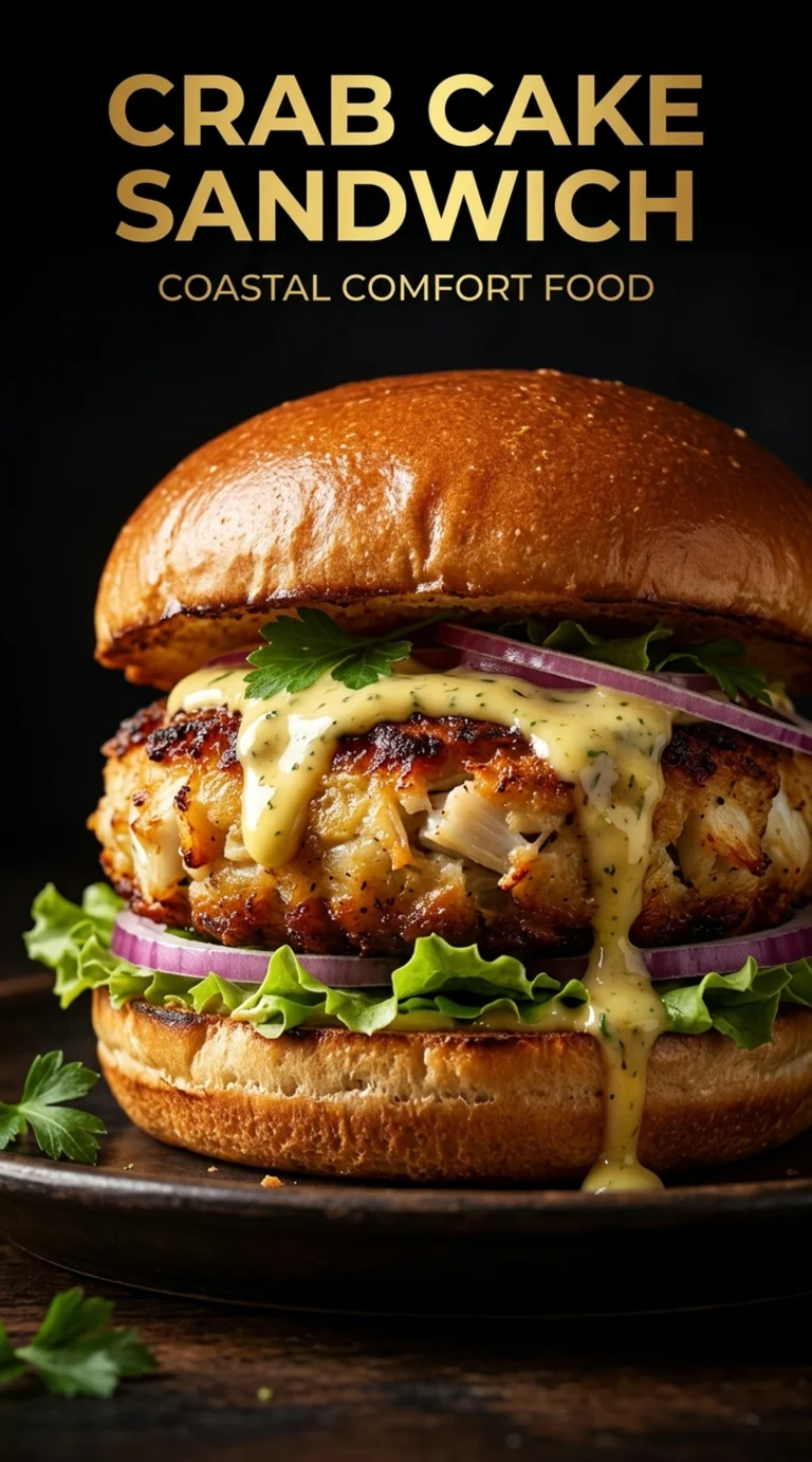 A toasted brioche bun filled with a golden-brown crab cake, topped with zesty remoulade, crisp lettuce, and fresh tomato.