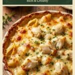 Creamy crab pasta bake in a white baking dish, topped with melted golden-brown parmesan cheese and fresh parsley garnish.