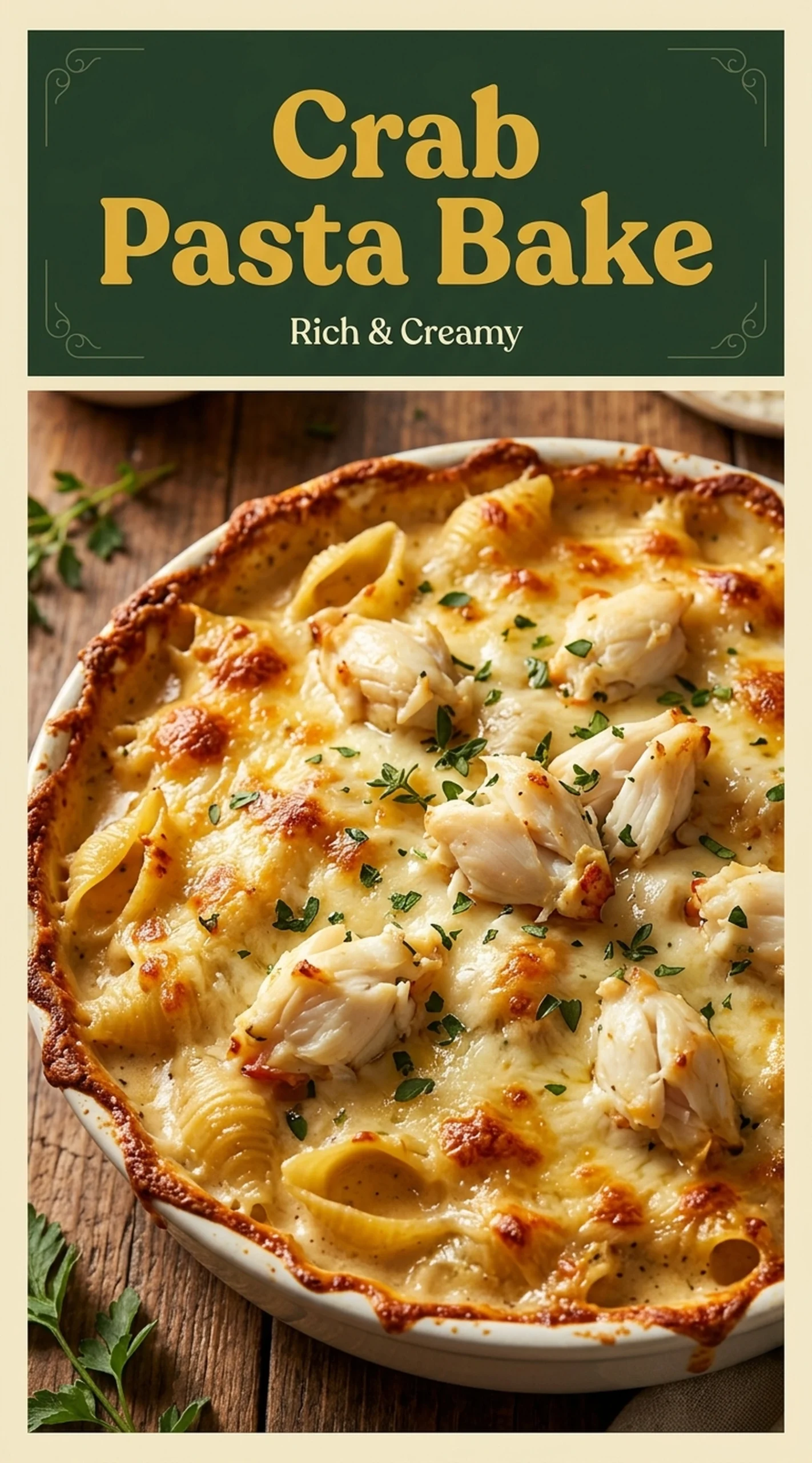 Creamy crab pasta bake in a white baking dish, topped with melted golden-brown parmesan cheese and fresh parsley garnish.
