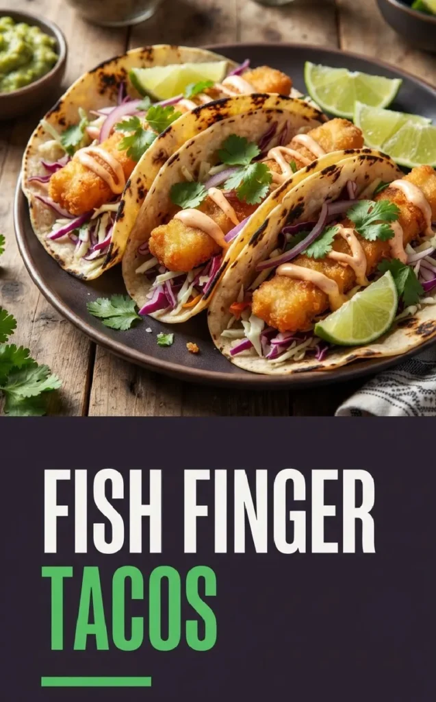 Three corn tortillas filled with crispy breaded fish fingers, topped with zesty cabbage slaw and a drizzle of crema.