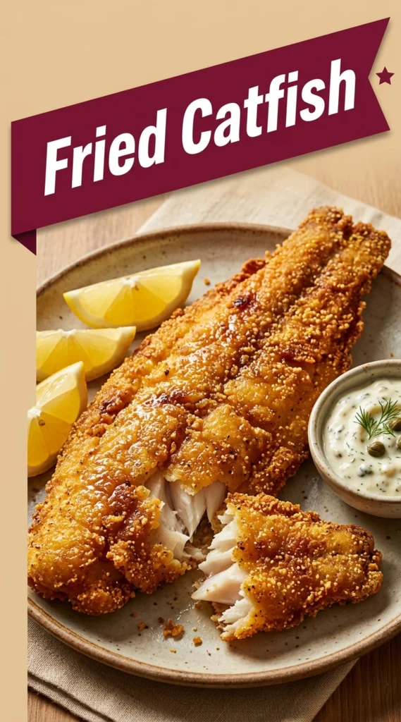 Golden brown fried catfish fillets with a crispy cornmeal crust, served on a platter with lemon wedges and parsley.