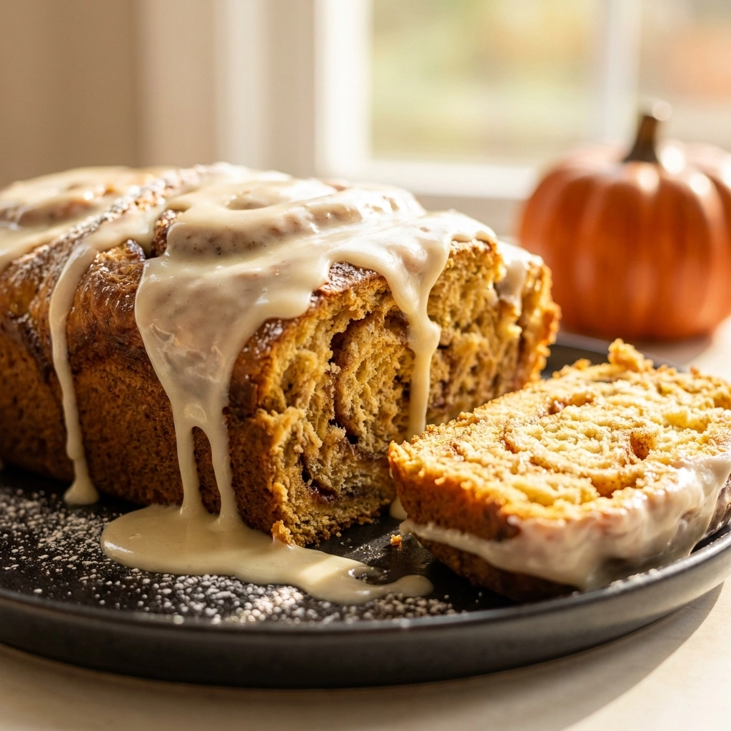 Heavenly Cinnamon Roll Pumpkin Bread with Cream Cheese Glaze | Easy Fall Dessert