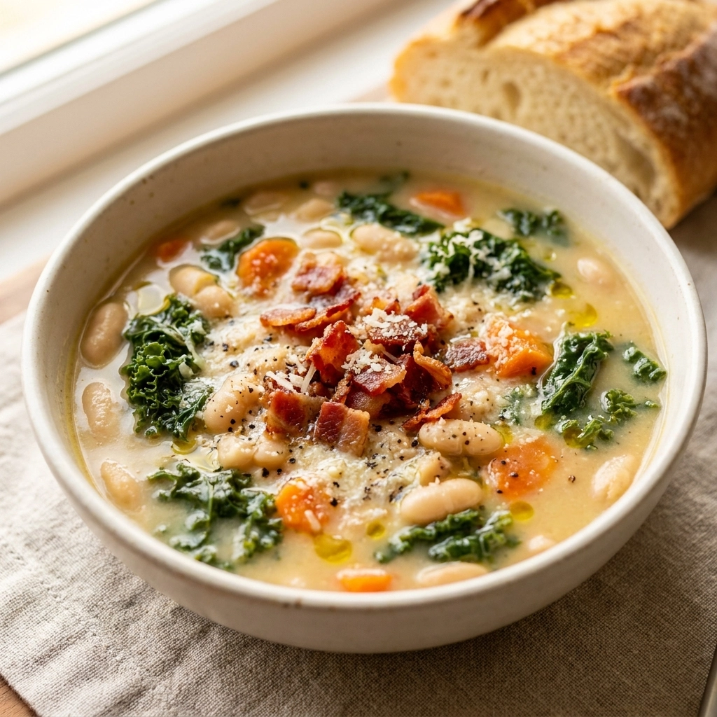 Creamy Tuscan White Bean Soup with Fresh Kale and Garlic | Healthy Vegan Soup