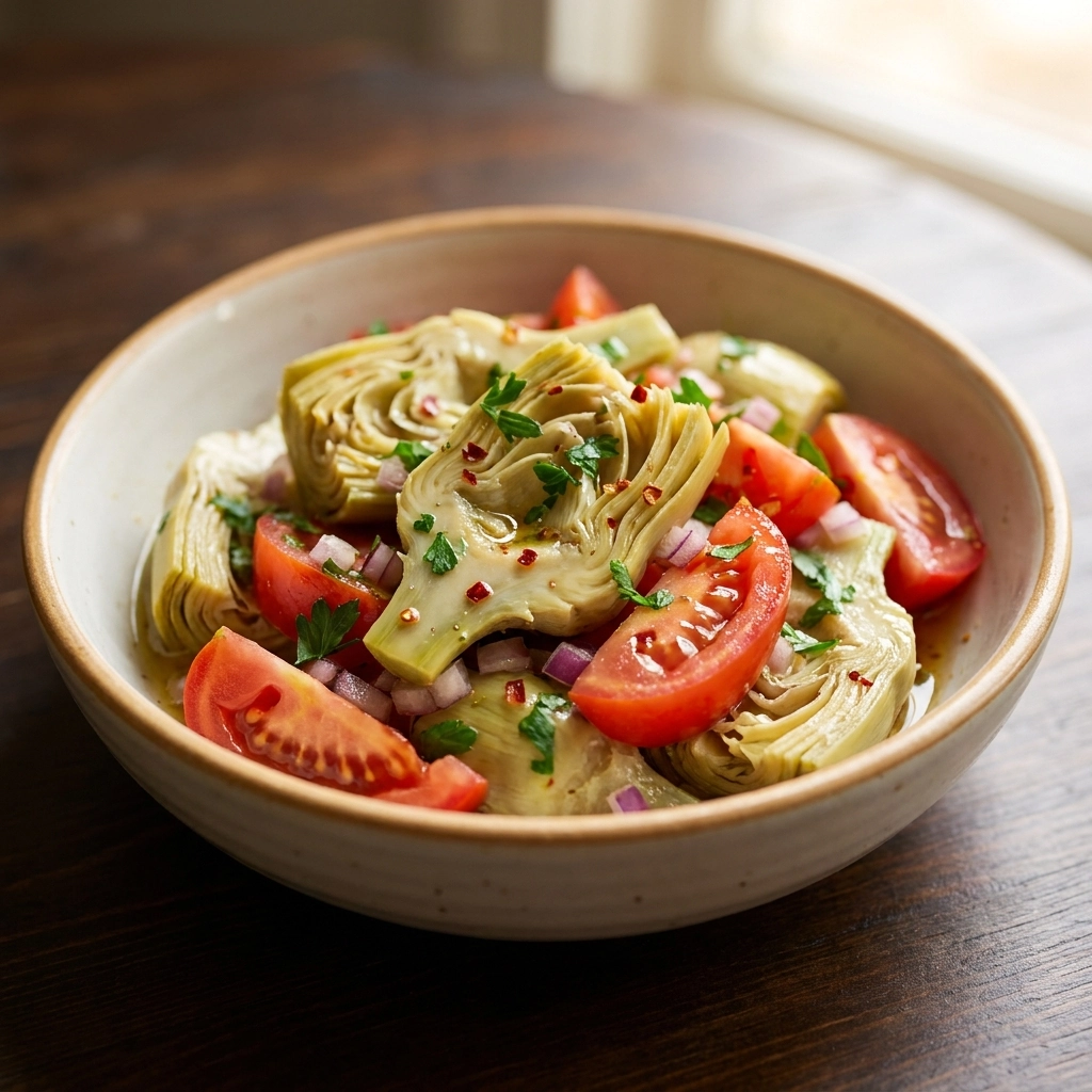 Zesty Artichoke Tomato Salad with Garlic Vinaigrette | Healthy Mediterranean Side Dish