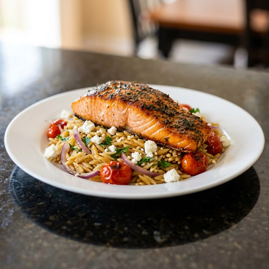Delicious Mediterranean Salmon Feta Orzo Recipe | Healthy Seafood Dinner Ideas
