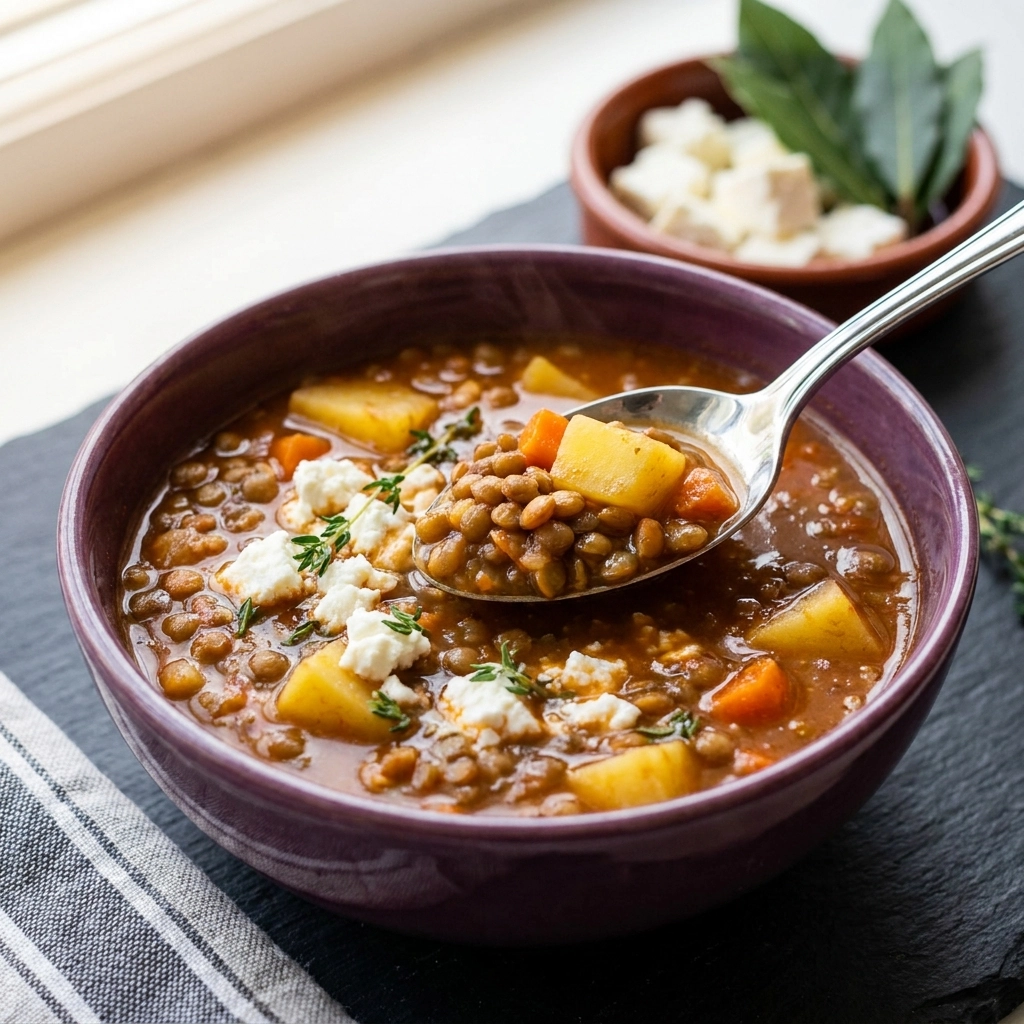 Hearty Lentil Potato Soup with Feta | Healthy Vegan Friendly Winter Soup Recipe