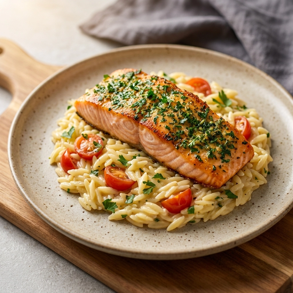 One-Pan Lemon Herb Salmon Orzo Bake | Easy Healthy Weeknight Dinner