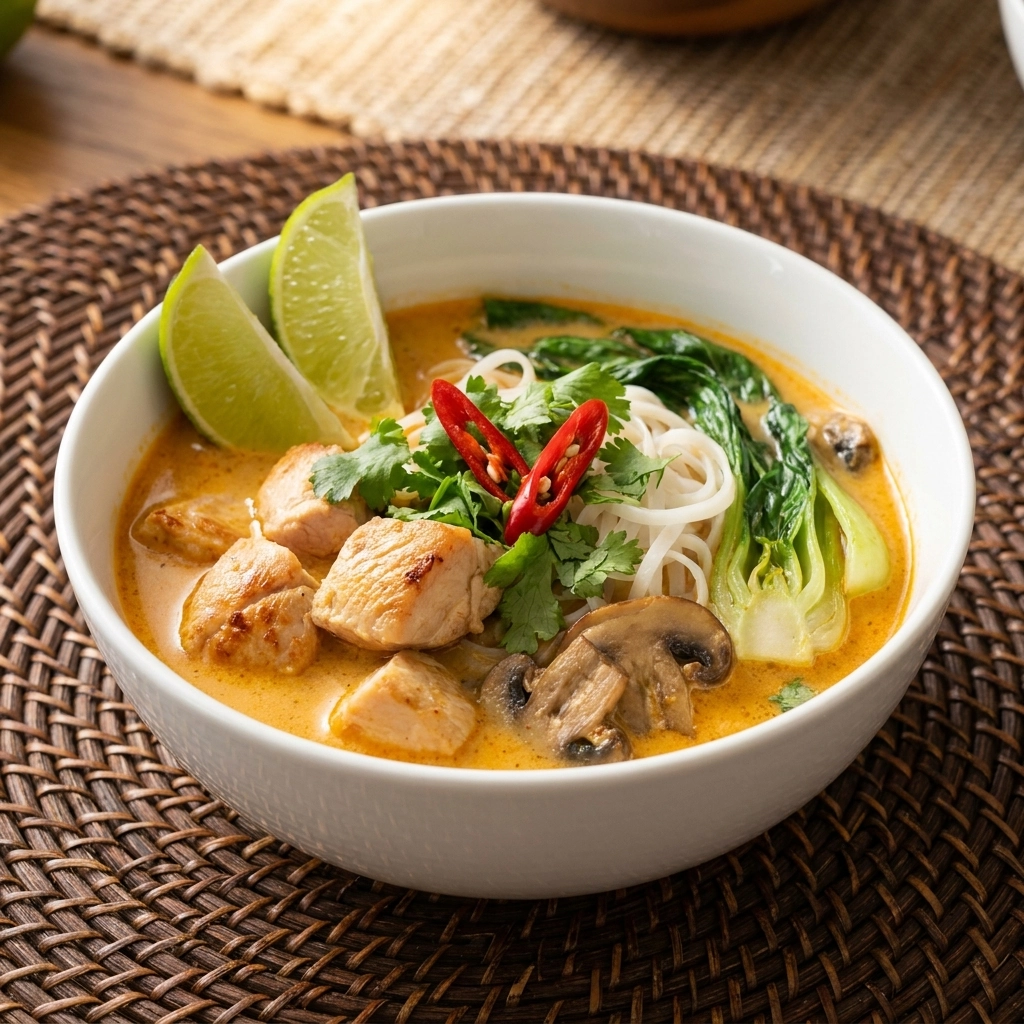 Creamy Thai Chicken Coconut Noodle Soup with Fresh Lime | Easy Thai Soup Recipe