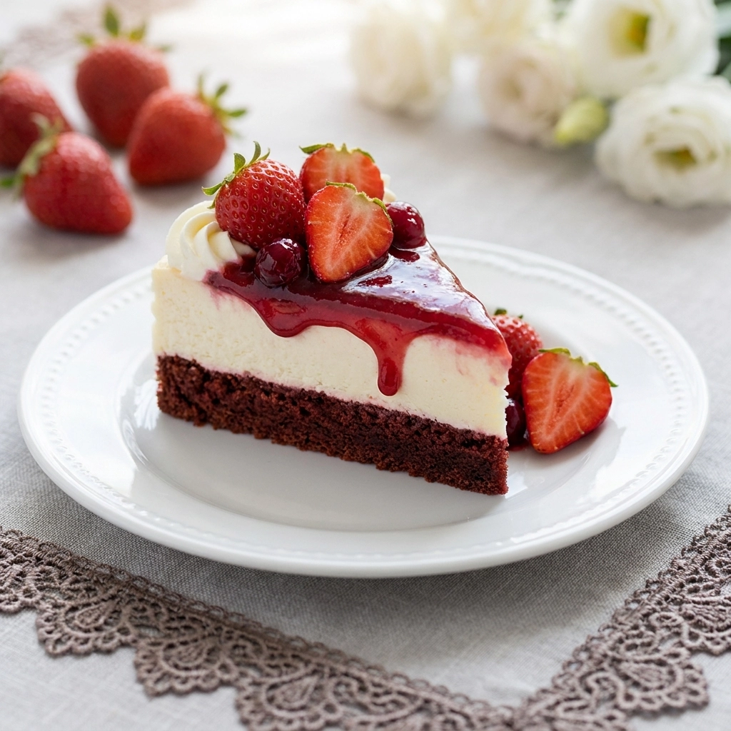 Creamy Red Velvet Strawberry Cheesecake with Fresh Berry Glaze | Dessert Recipe