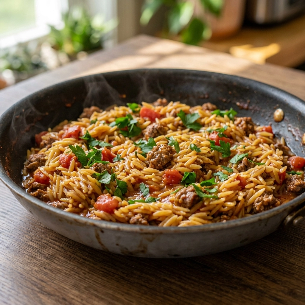 One-Pot Ground Beef and Orzo with Garlic and Parmesan | Easy Weeknight Dinner