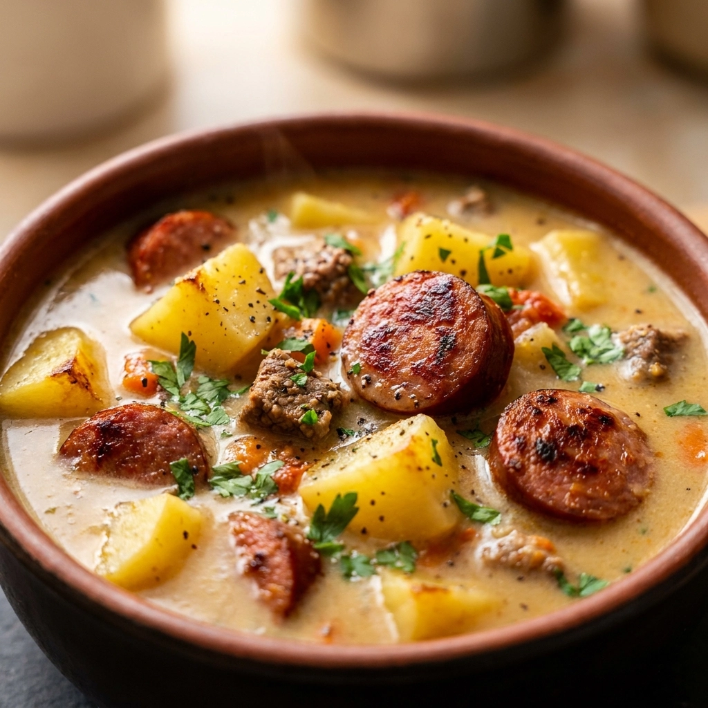 Cozy Creamy Beef Sausage Potato Soup | Hearty Comfort Food Dinner Idea