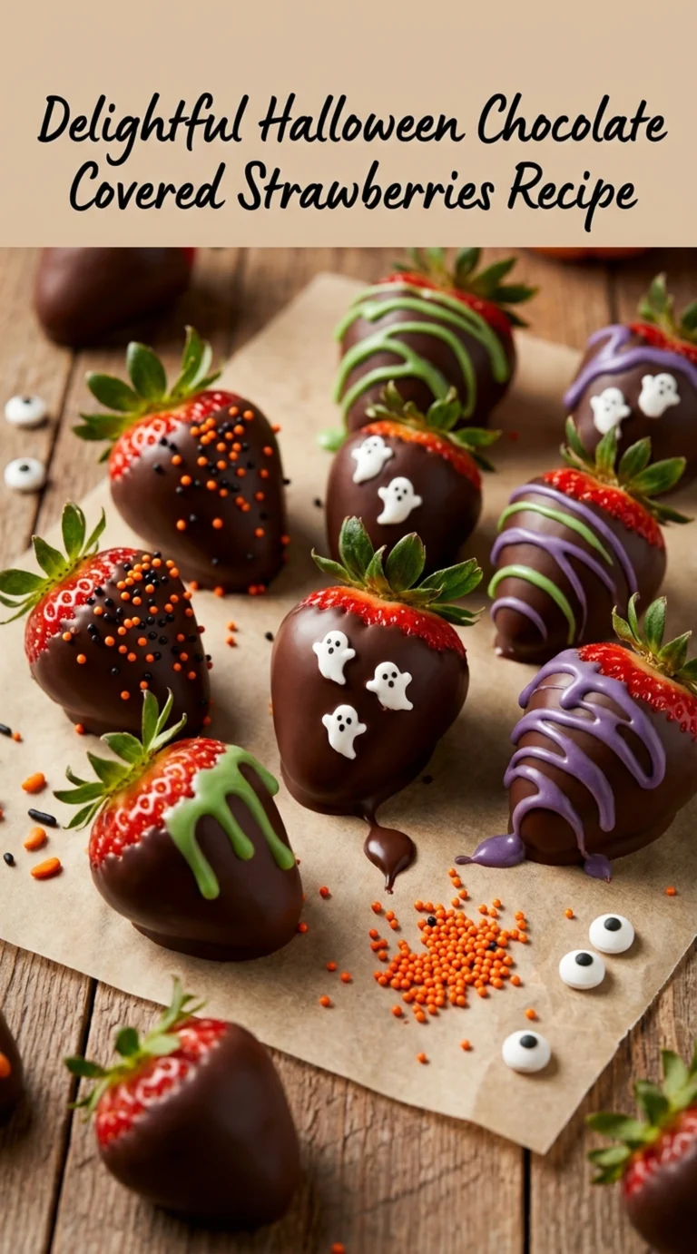 Chocolate covered strawberries decorated with orange and white icing to look like pumpkins and ghosts on a white platter.