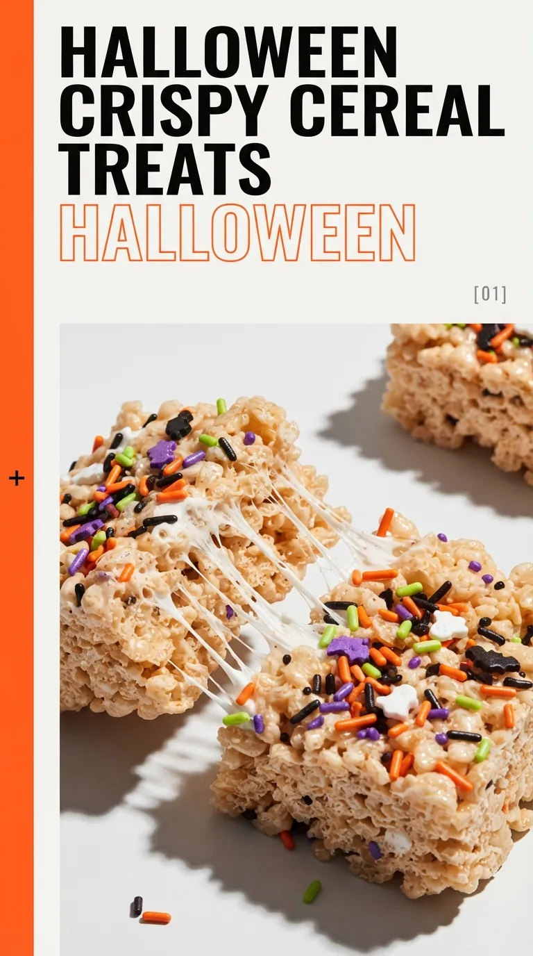 Square crispy rice cereal treats topped with orange and purple icing and festive Halloween sprinkles on a white platter.