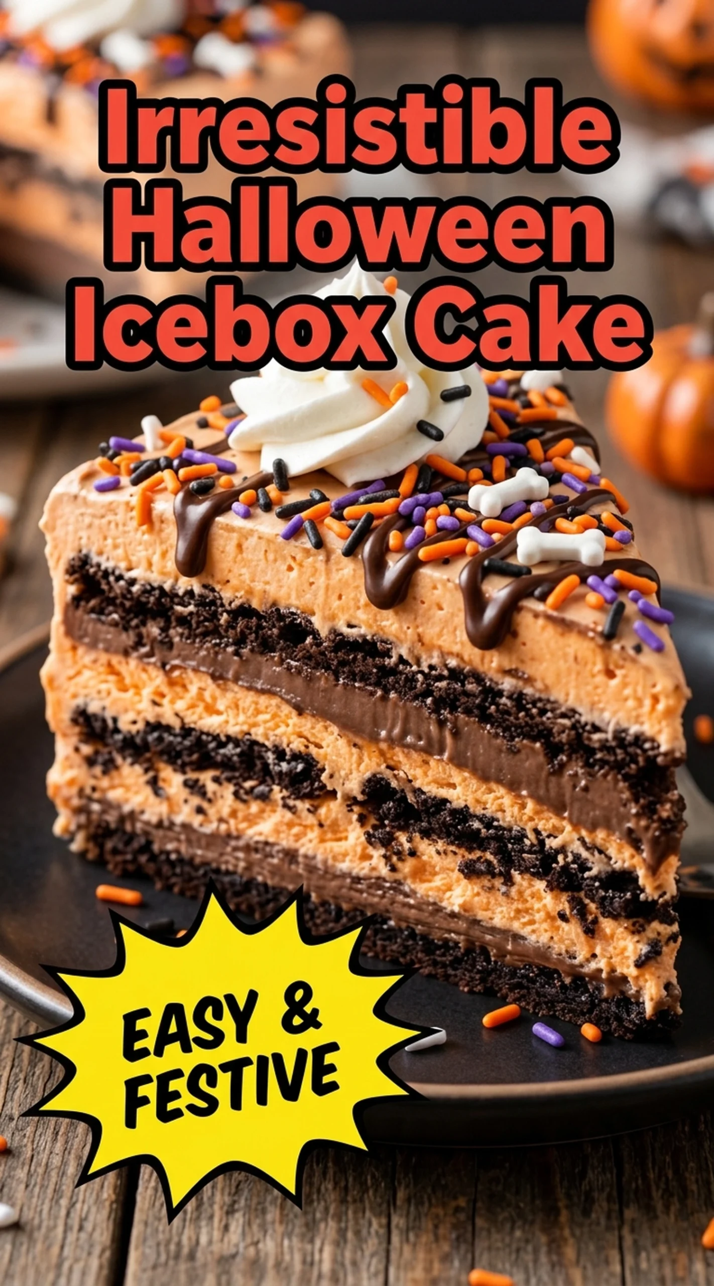 Layered orange and white icebox cake decorated with chocolate spider webs and small candy pumpkins on a platter.