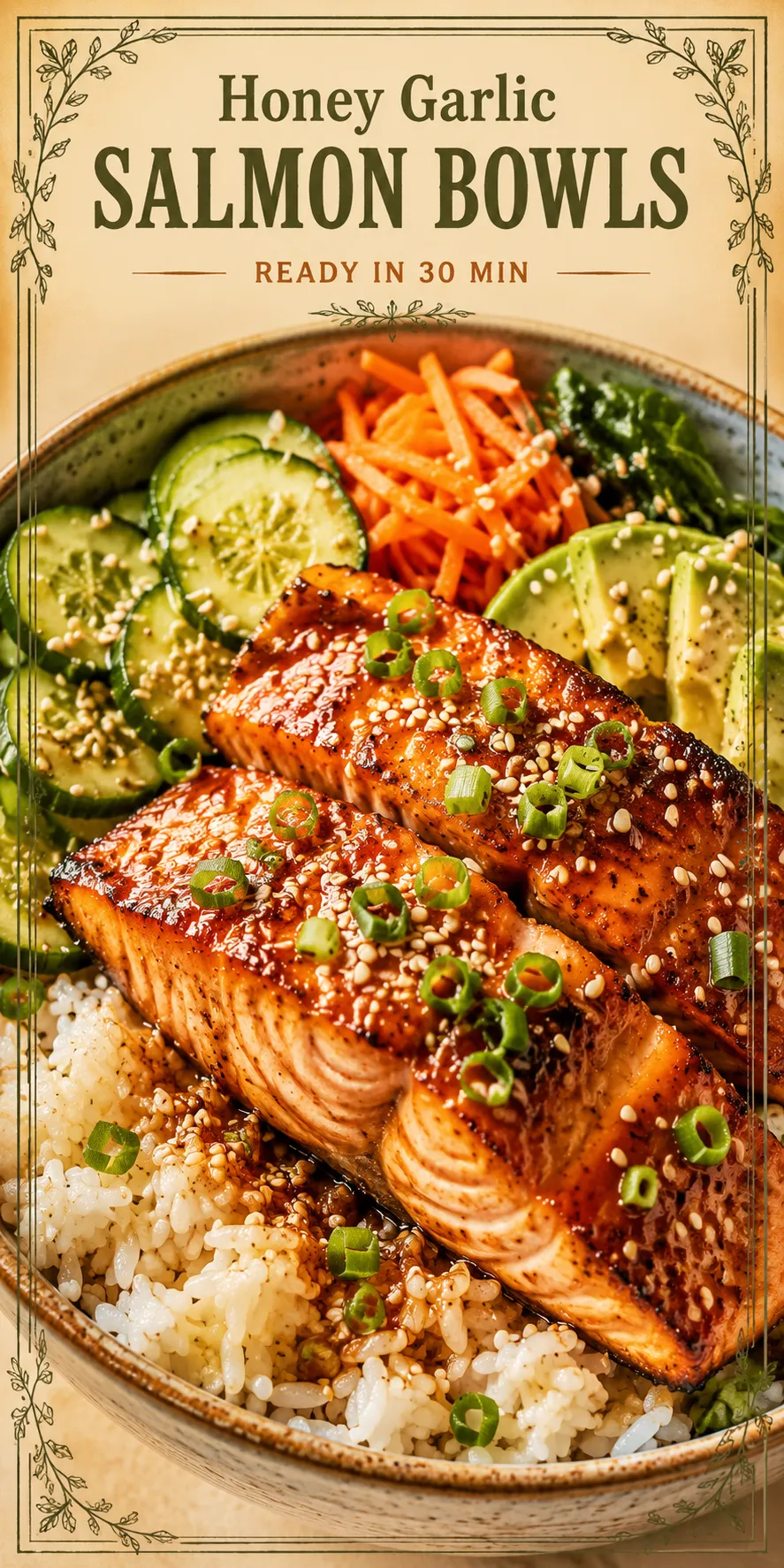 Glazed honey garlic salmon fillets served in bowls with steamed broccoli, sliced carrots, and white rice.