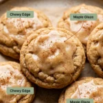 Maple apple cider drop cookies with a sugary glaze, stacked on a plate with fresh apple slices nearby.