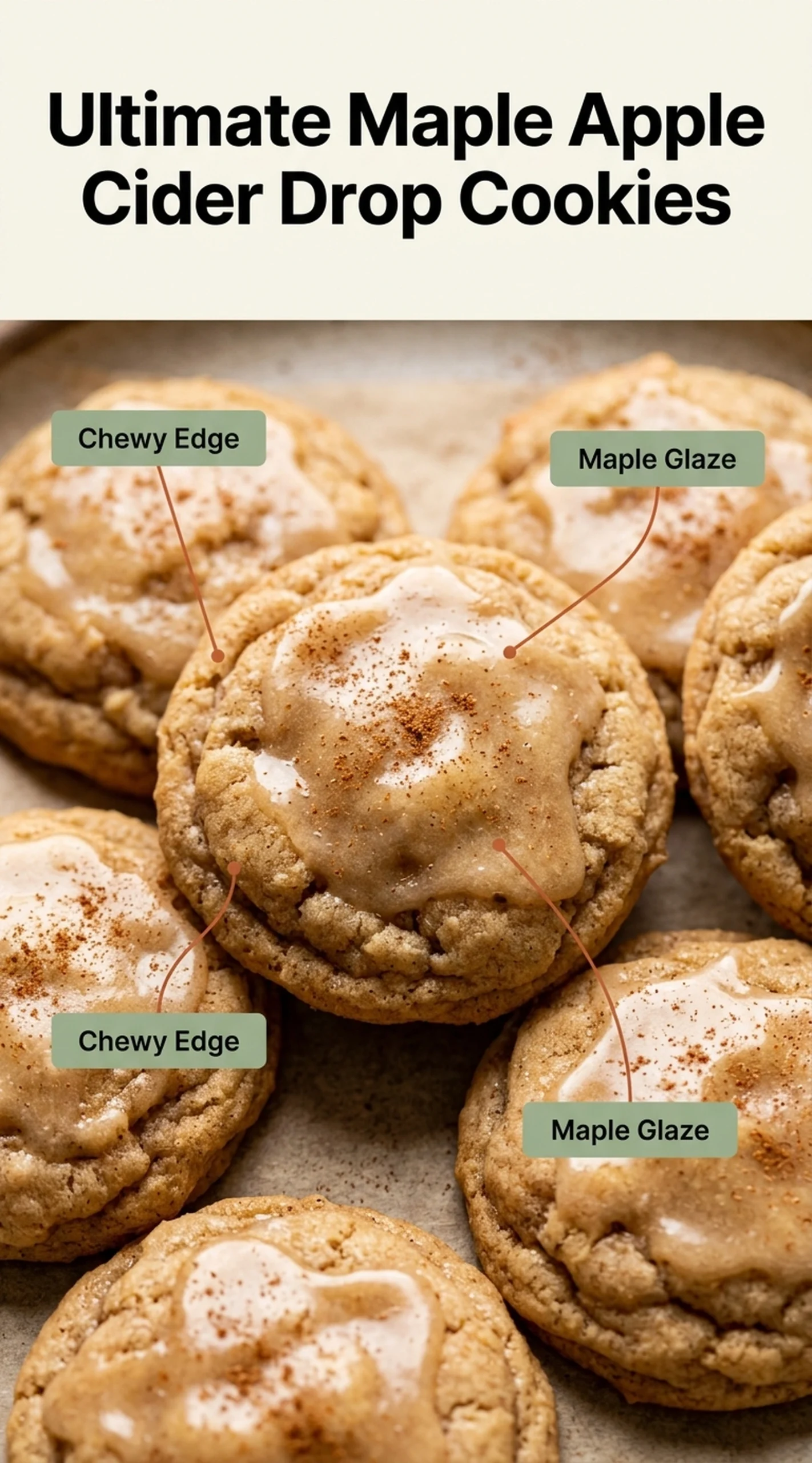 Maple apple cider drop cookies with a sugary glaze, stacked on a plate with fresh apple slices nearby.