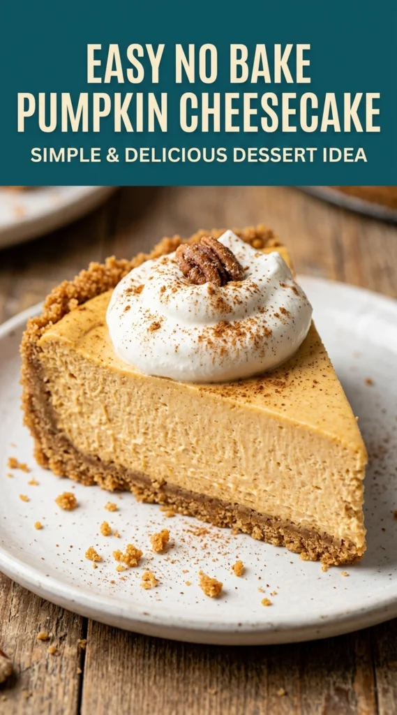 A slice of creamy no bake pumpkin cheesecake with a graham cracker crust on a white plate, topped with whipped cream.